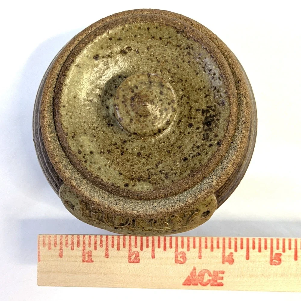Studio Pottery Honey Pot Stoneware Jar with Lid and Wooden Dipper Brown Handmade
